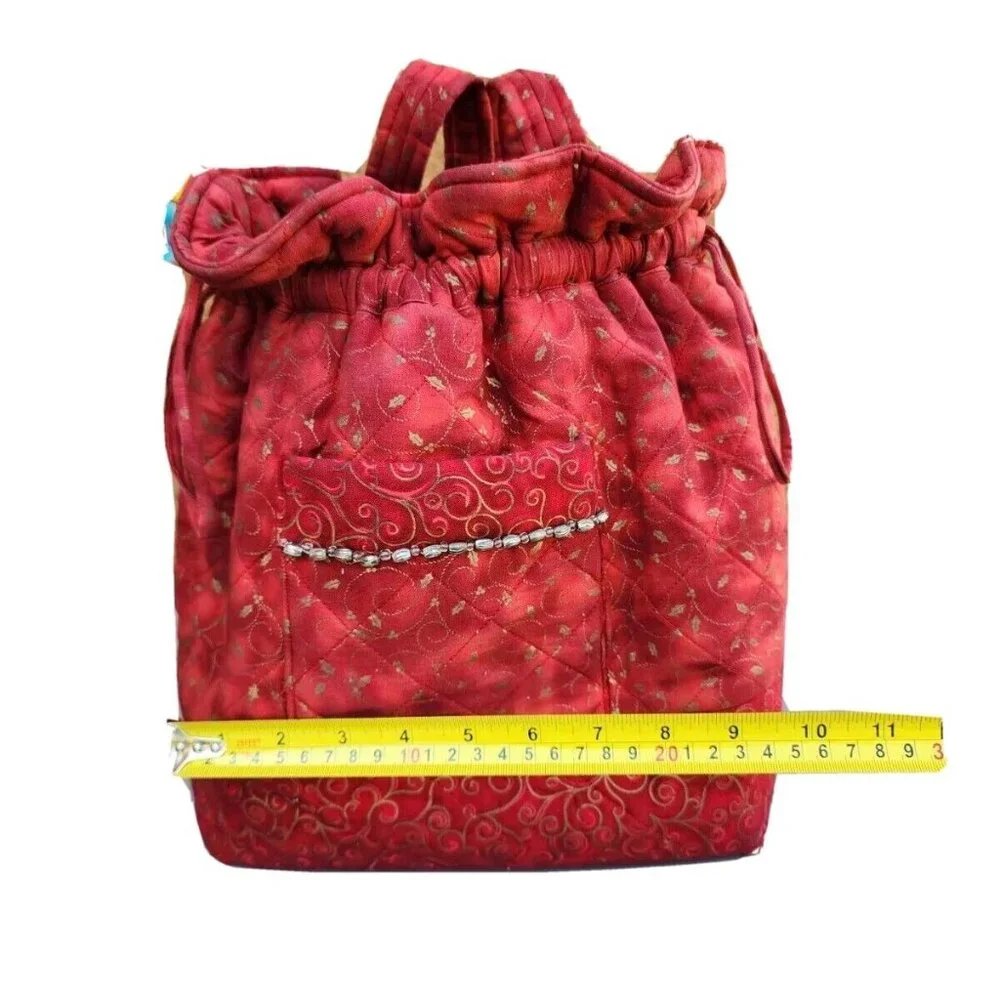 VTG Quilted Red Brick Tie-Dye Drawstring Multi Pocket Arts & Craft Cotton Bag
